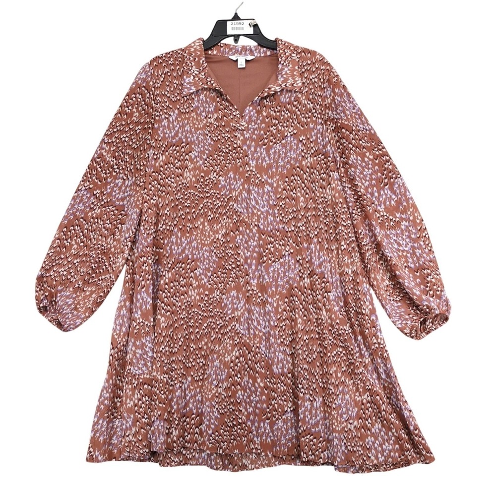 Nine West Pleated A-Line Knee Length Dress Sz L Puff Sleeve Brown Abstract Boho
